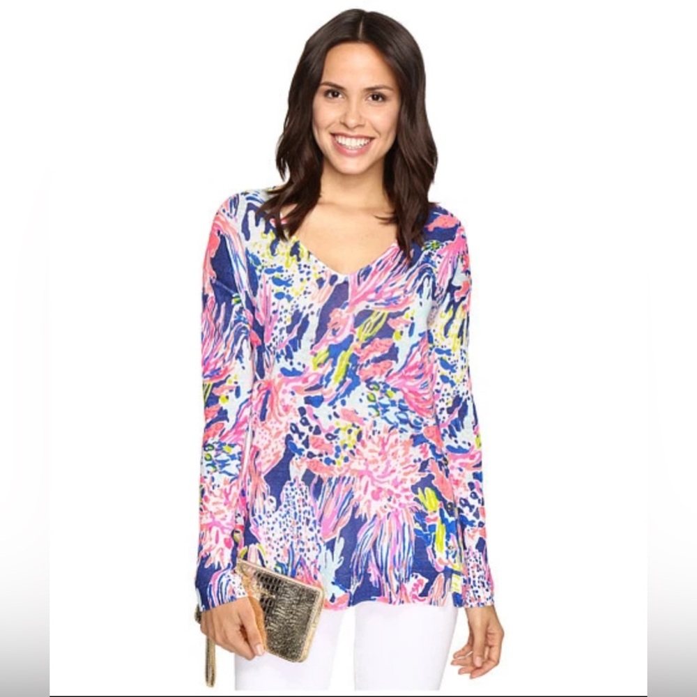 Lilly Pulitzer 100% Linen Liesel Sweater Indigo Sunken Treasure V Neck- Medium